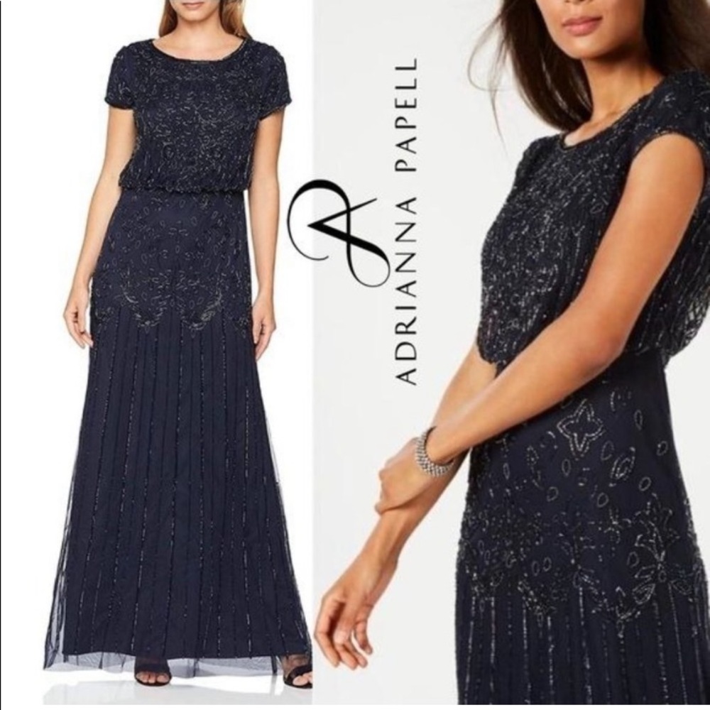Navy Blue Floral Beaded Adrianna Papell gown